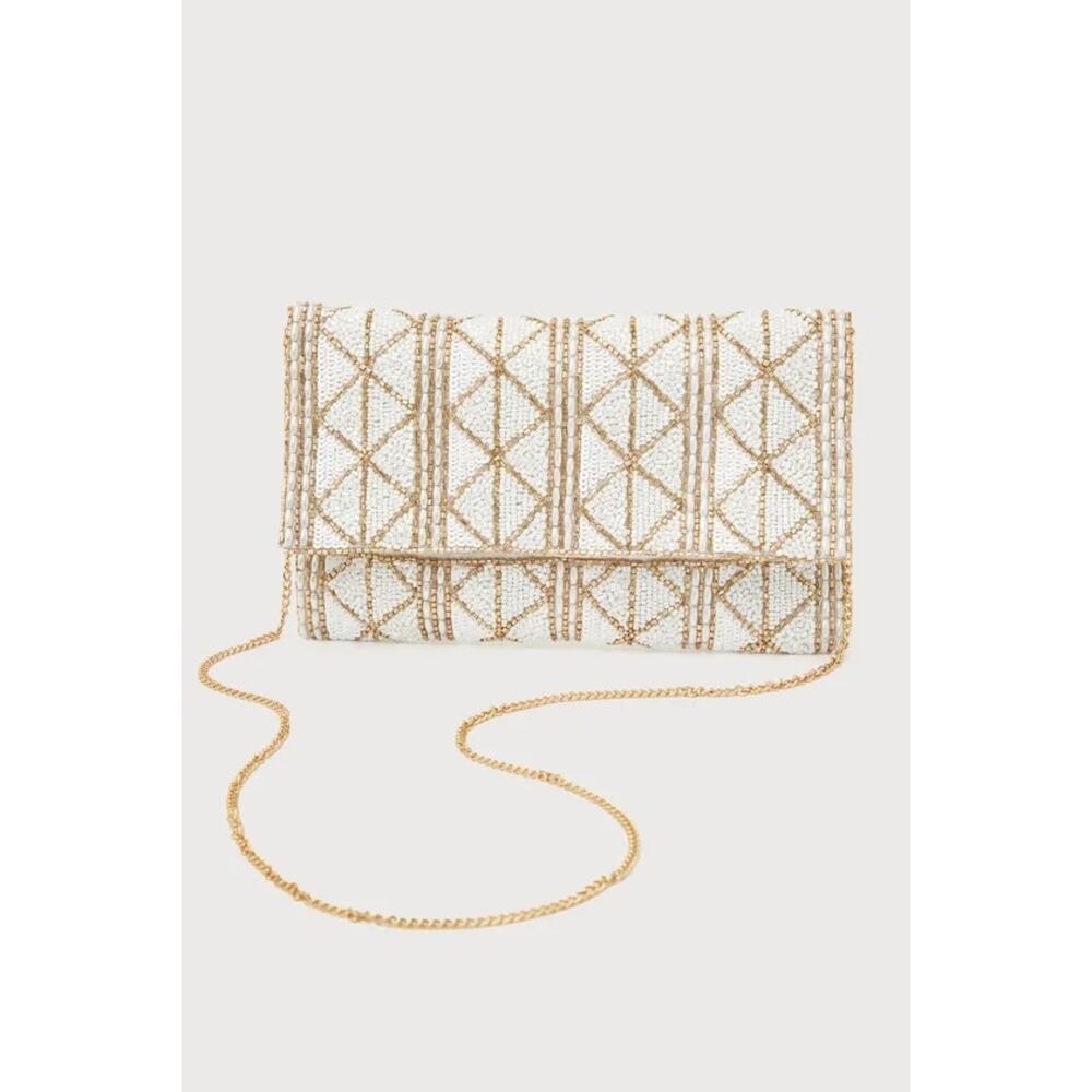 NWOT Lulu Glowing Perception Ivory Gold Geometric Beaded Sequin Clutch Bag Chain